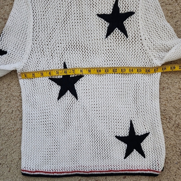 Crochet Open White Knit Blue Star Patchwork Long Sleeve Cover Up Top - Picture 6 of 8